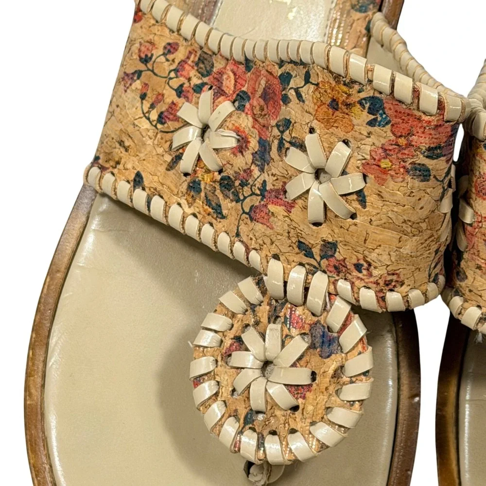 A. Giannetti Cork Floral Sandals Womens 38 Tan Leather Whipstitch Boho Italy 7.5